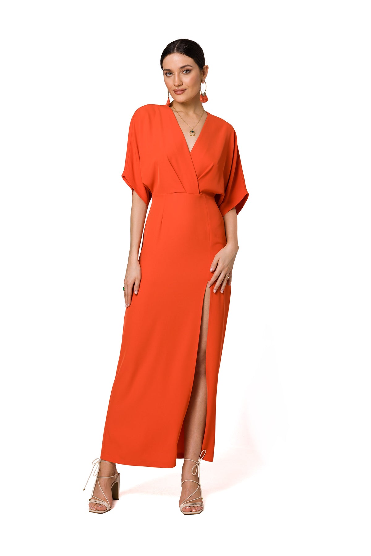 Makover Coral V-Neck Evening Dress