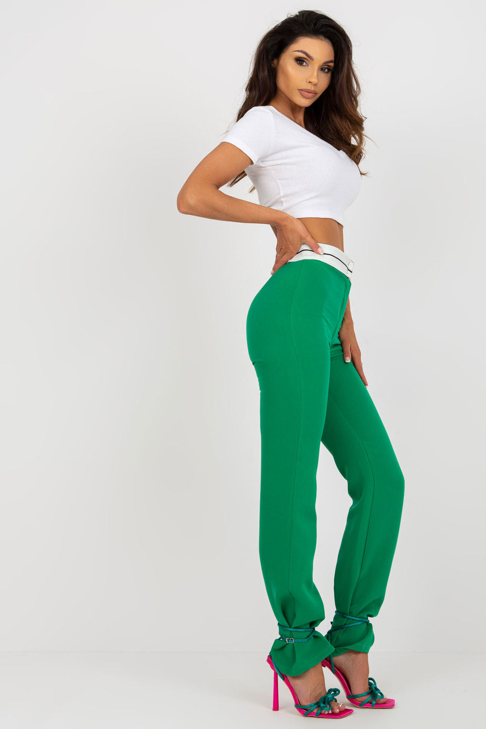 Italy Moda Green Straight High Waisted Trousers - view 4