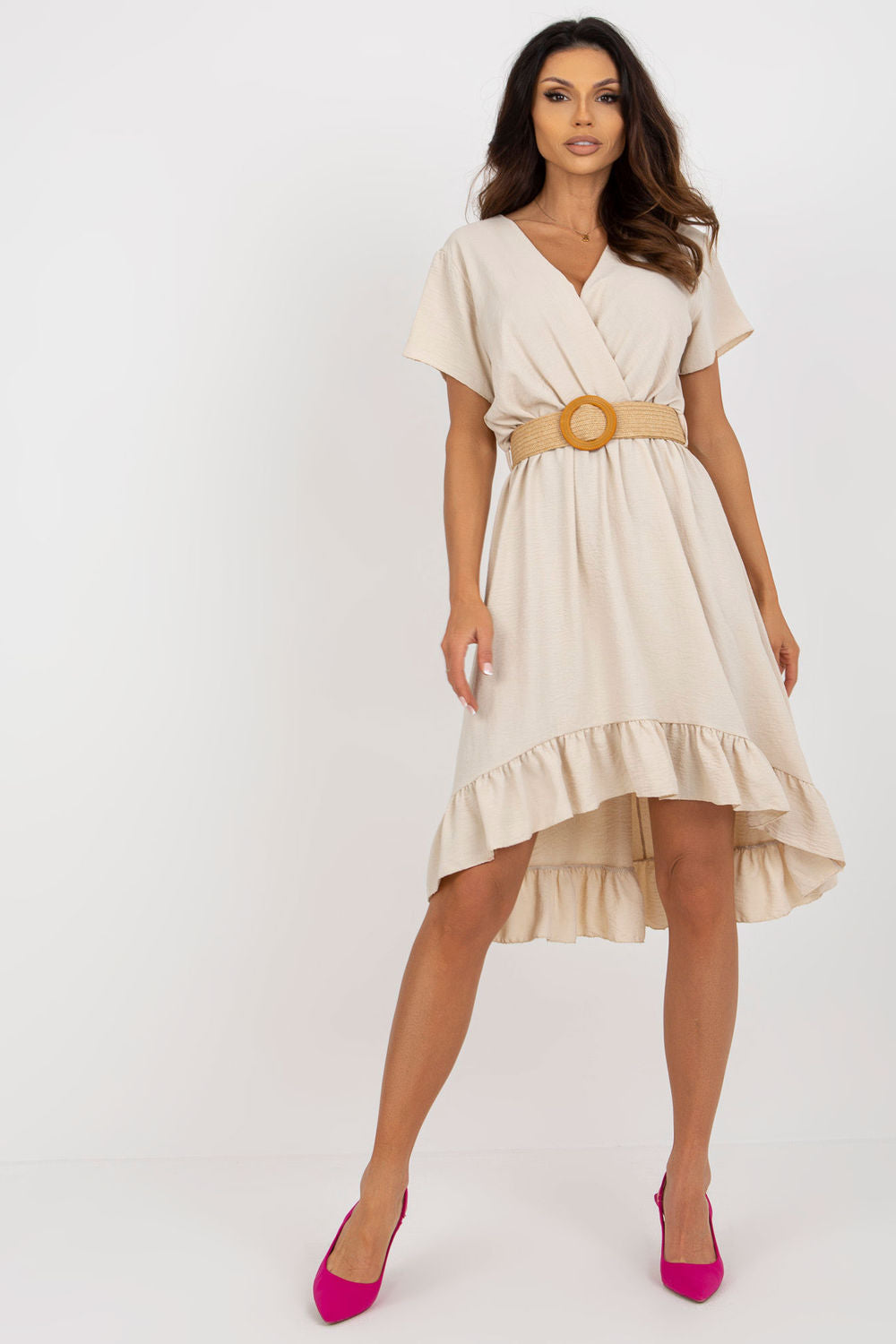 Italy Moda Beige Wrap Short Sleeve Dress