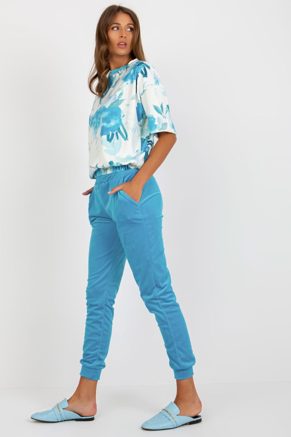 Rue Paris Blue Velvet High Waisted Short Sleeve Co-Ord Set - view 3