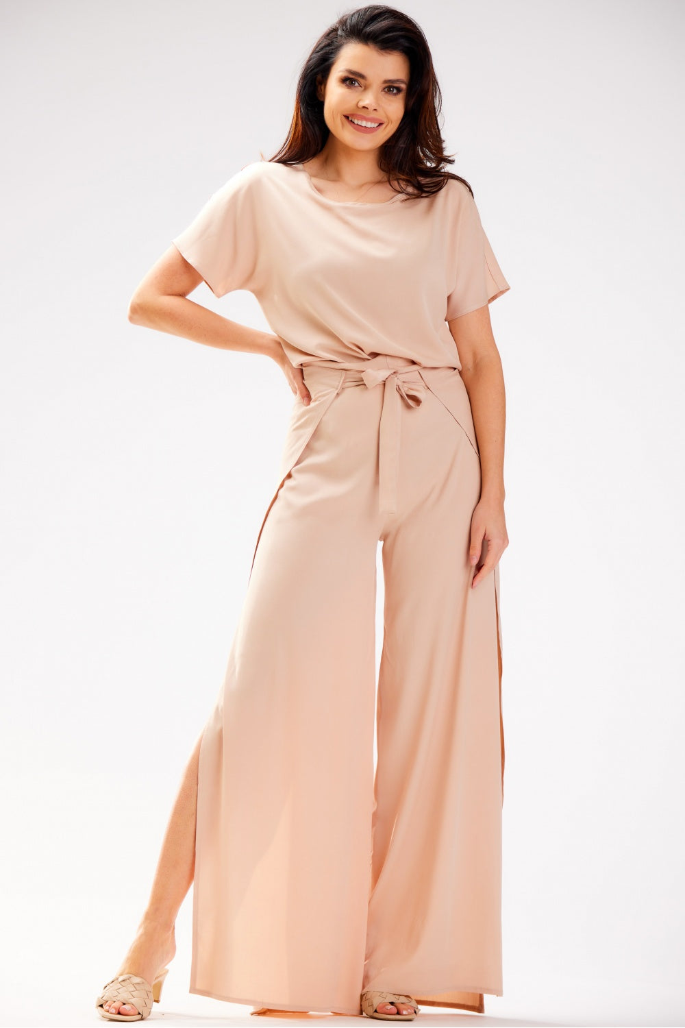 Awama Beige High Waisted Trousers