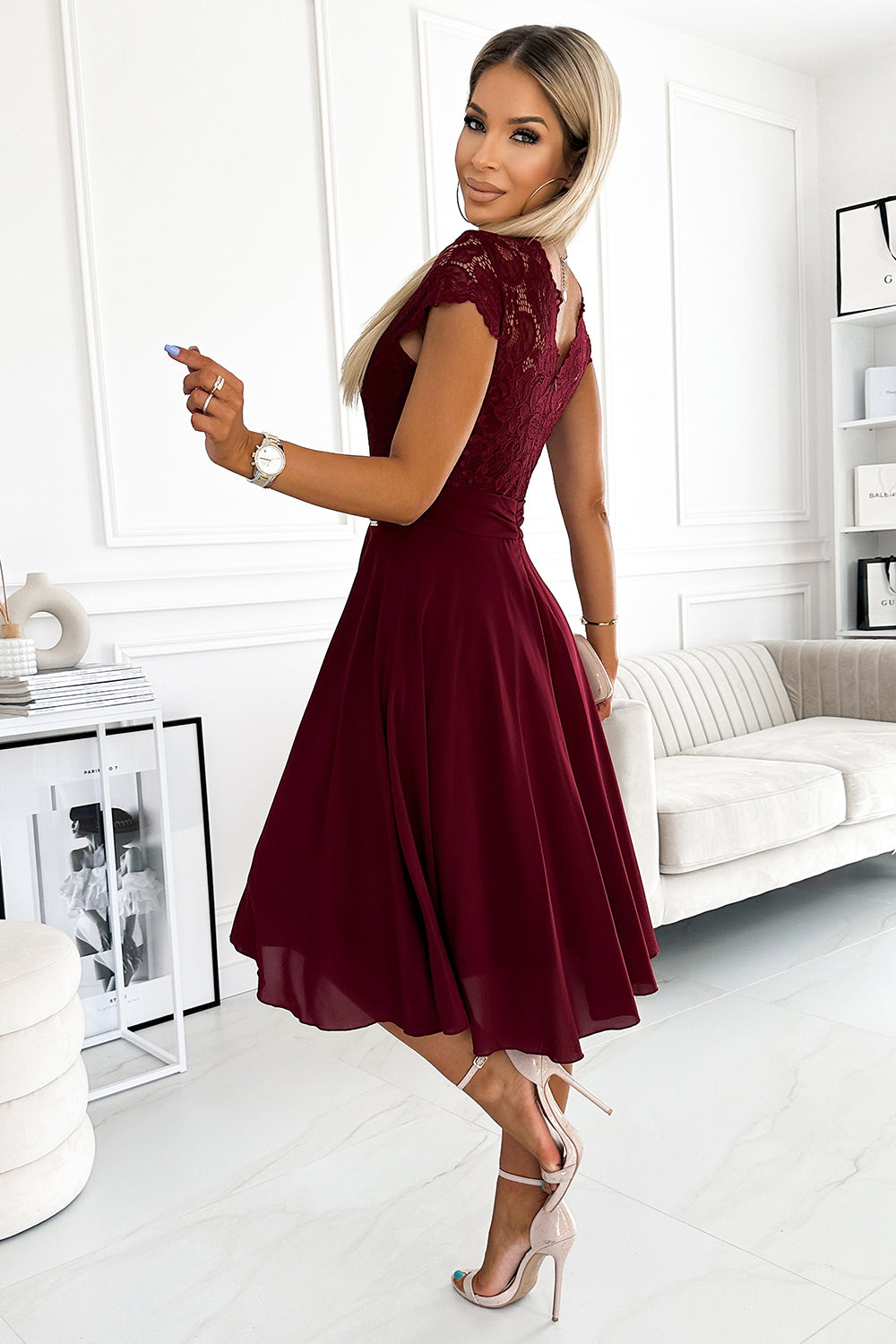Numoco Linda Burgundy Lace Short Sleeve Evening Dress - view 3