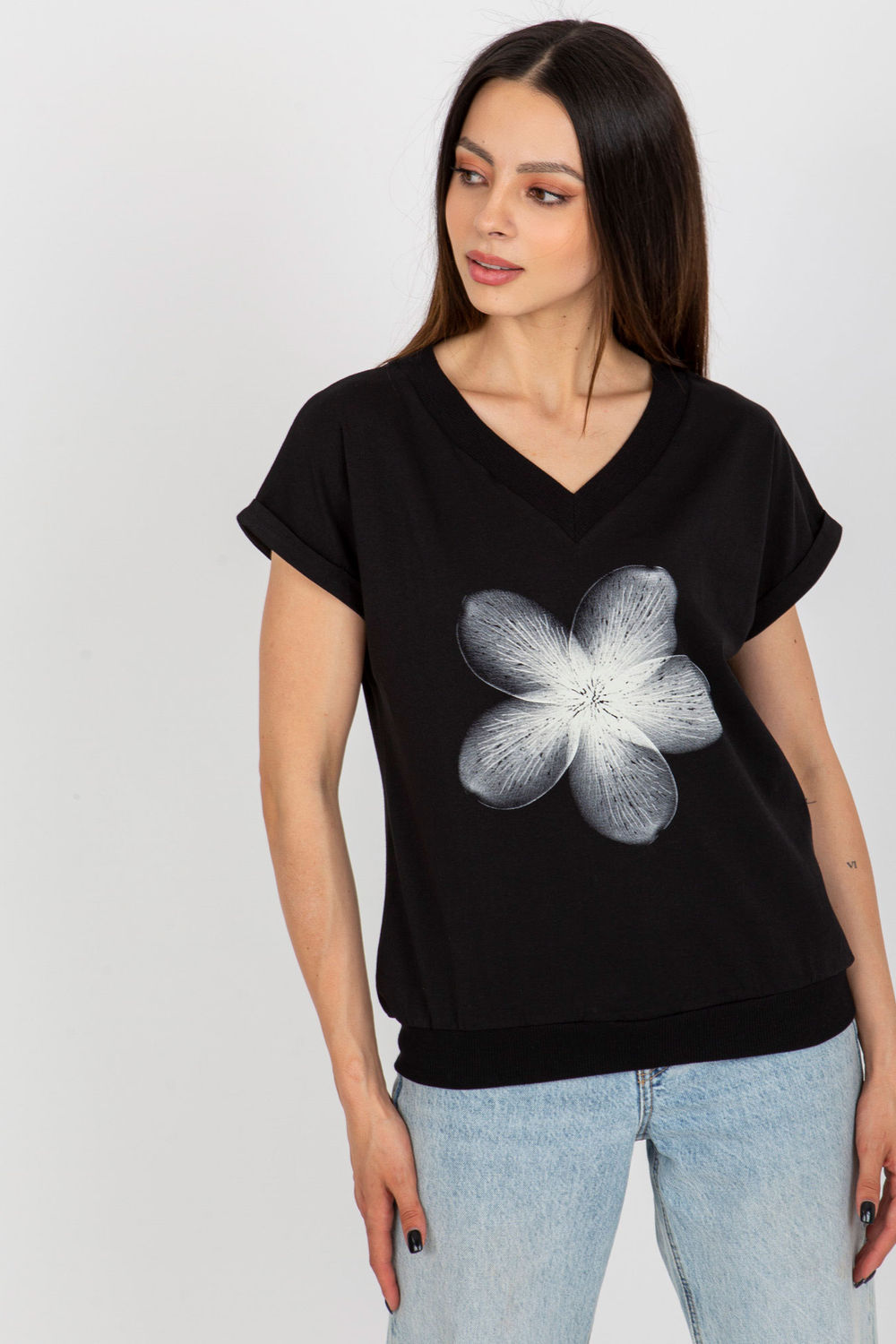 Rue Paris Black Printed Short Sleeve Cotton Blouse