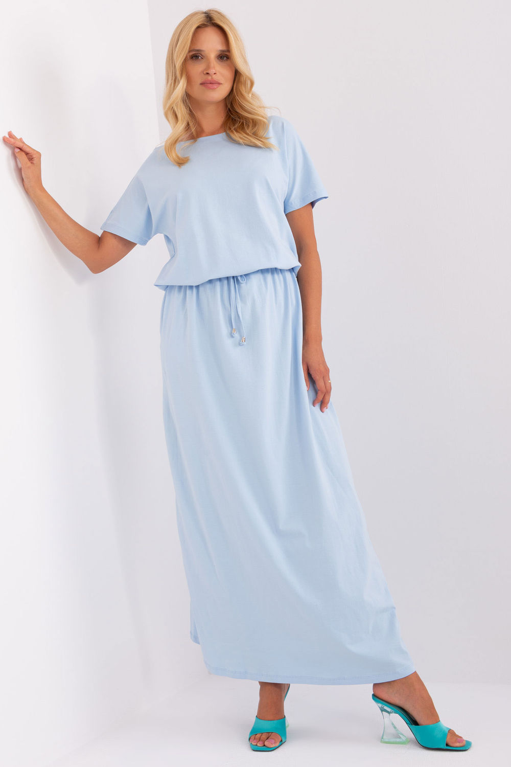 Relevance Light Blue Round Neck Short Sleeve Dress