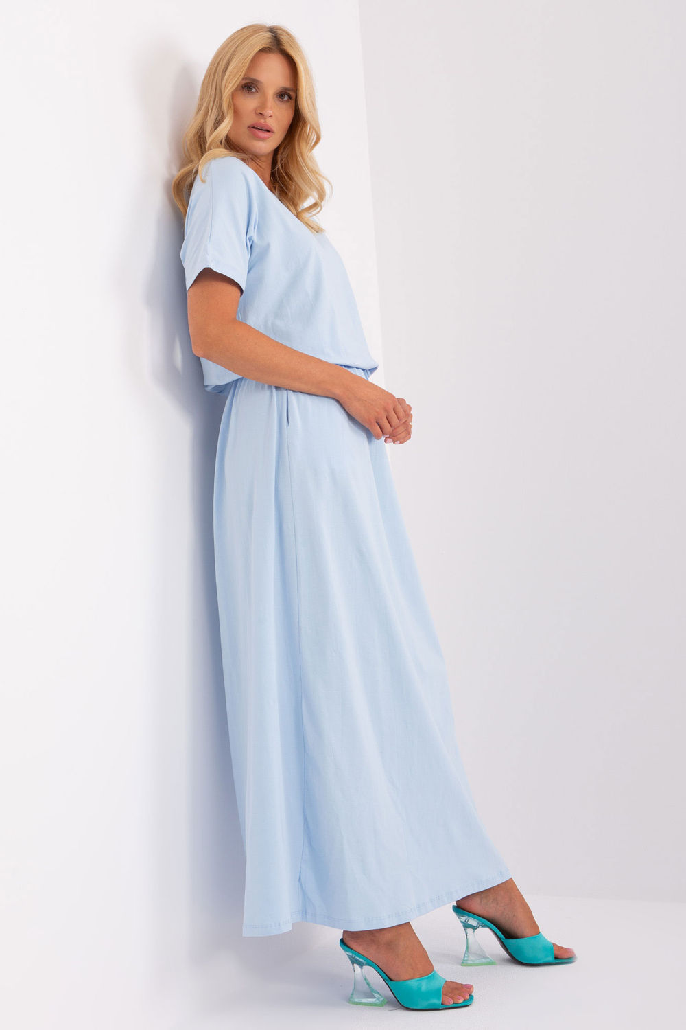 Relevance Light Blue Round Neck Short Sleeve Dress - view 3