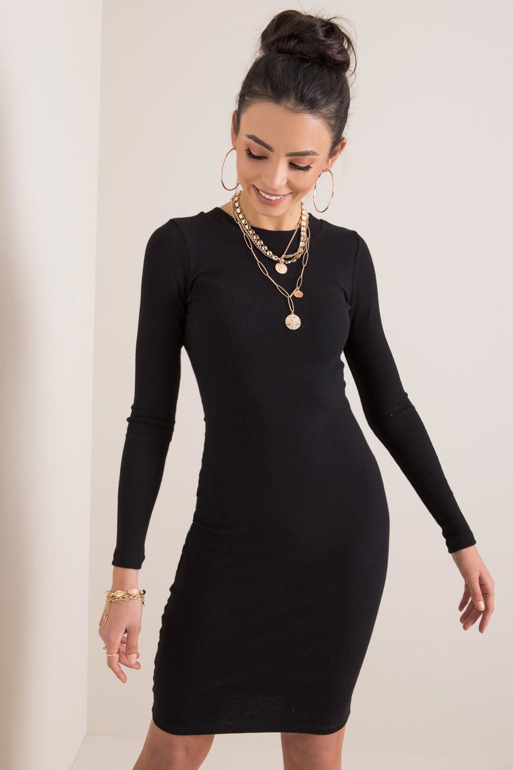 Rue Paris Black Round Neck Long Sleeve Dress