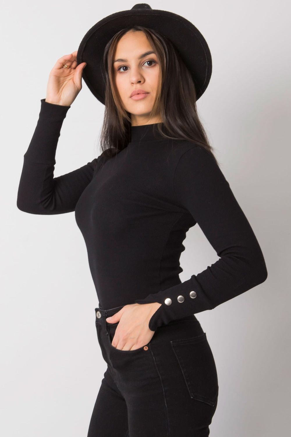 Rue Paris Black Ribbed Bodycon Long Sleeve Blouse - view 4
