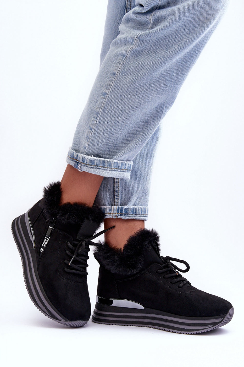 Step In Style Black Faux Suede Platform Lace Up Trainers