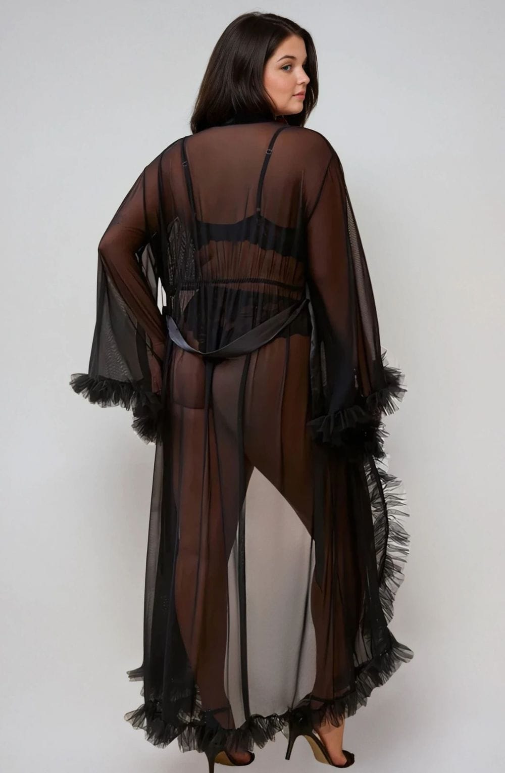 YesX Ruffled Plus Size Black Robe - view 4