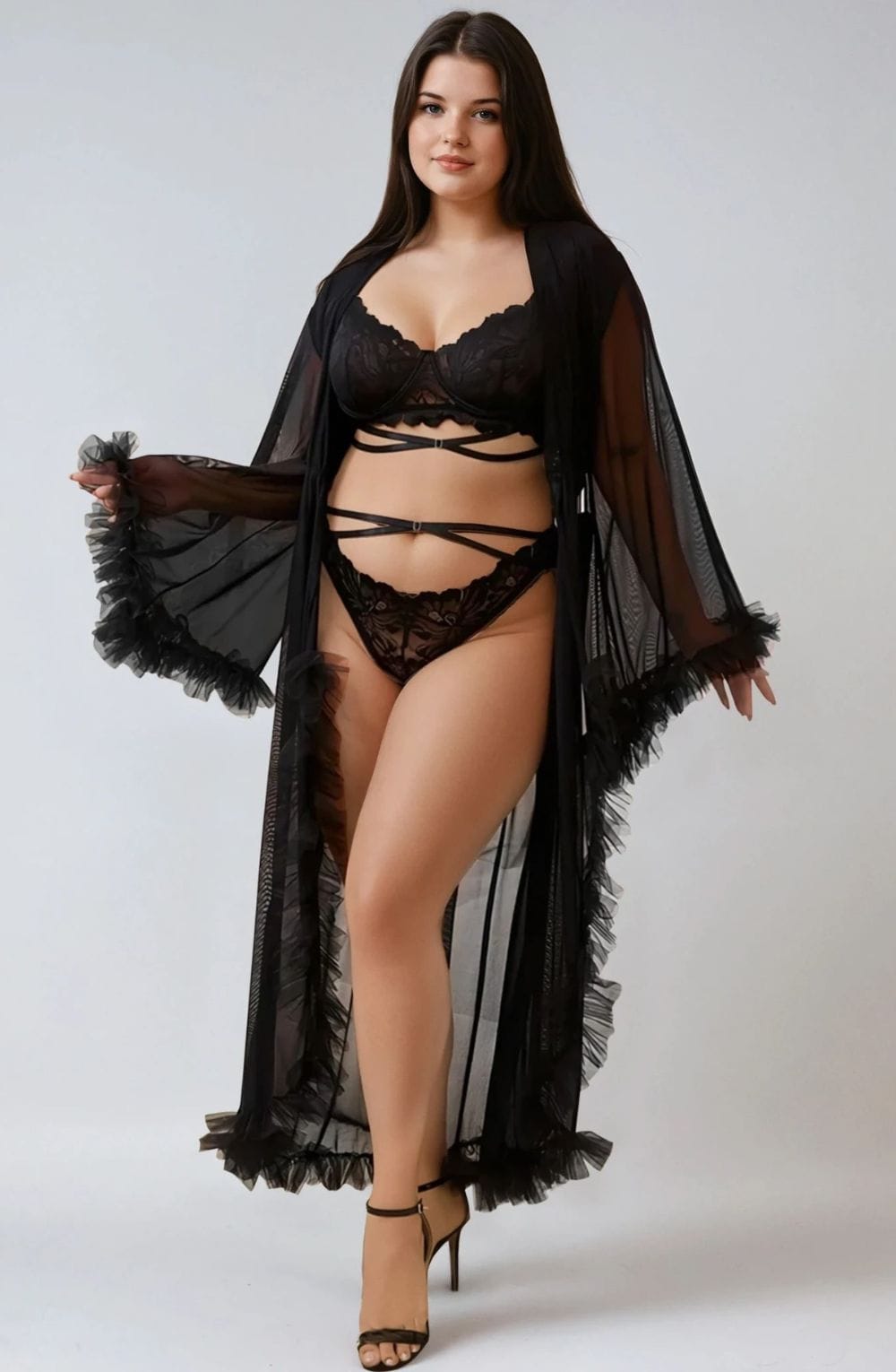 YesX Ruffled Plus Size Black Robe - view 3