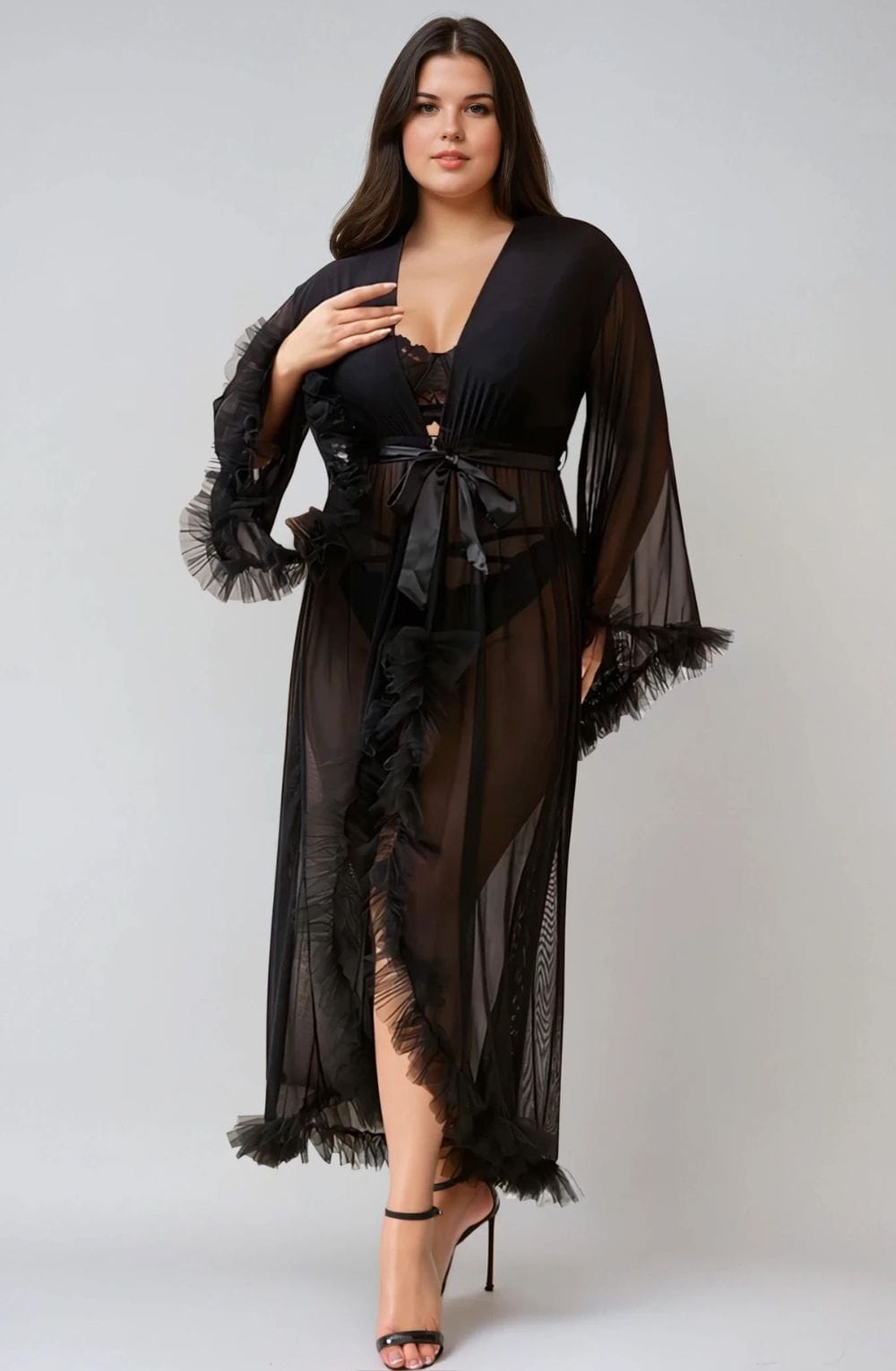 YesX Ruffled Plus Size Black Robe - view 2