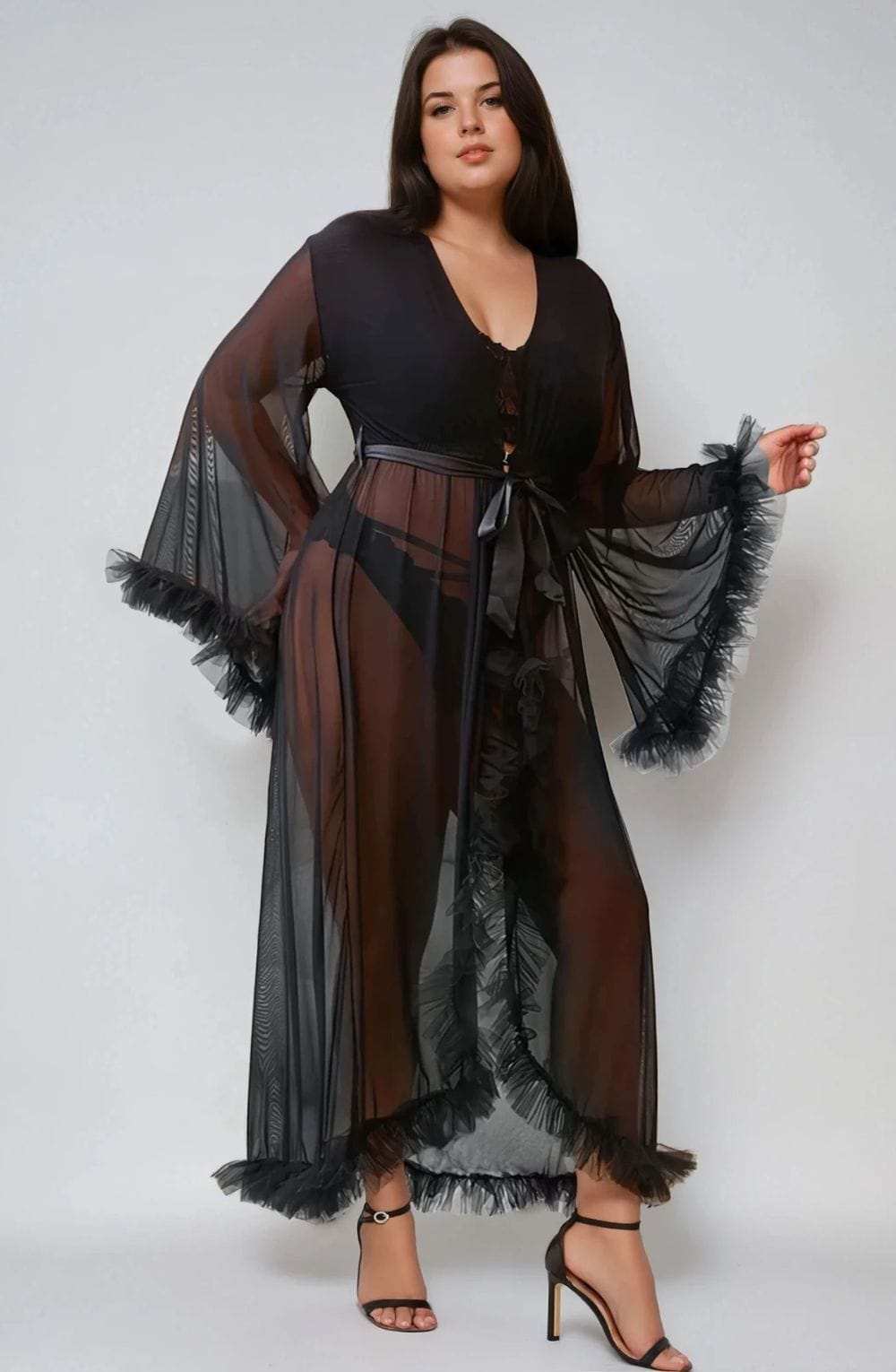 YesX Ruffled Plus Size Black Robe