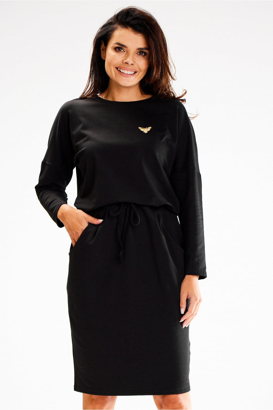Awama Black Loose Fit Long Sleeve Dress