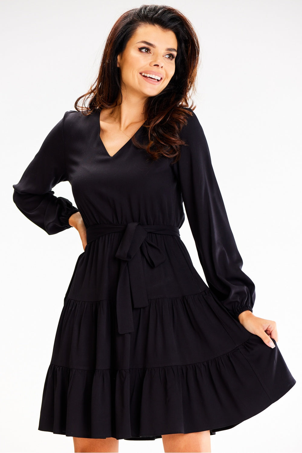 Awama Black Flared Long Sleeve Dress