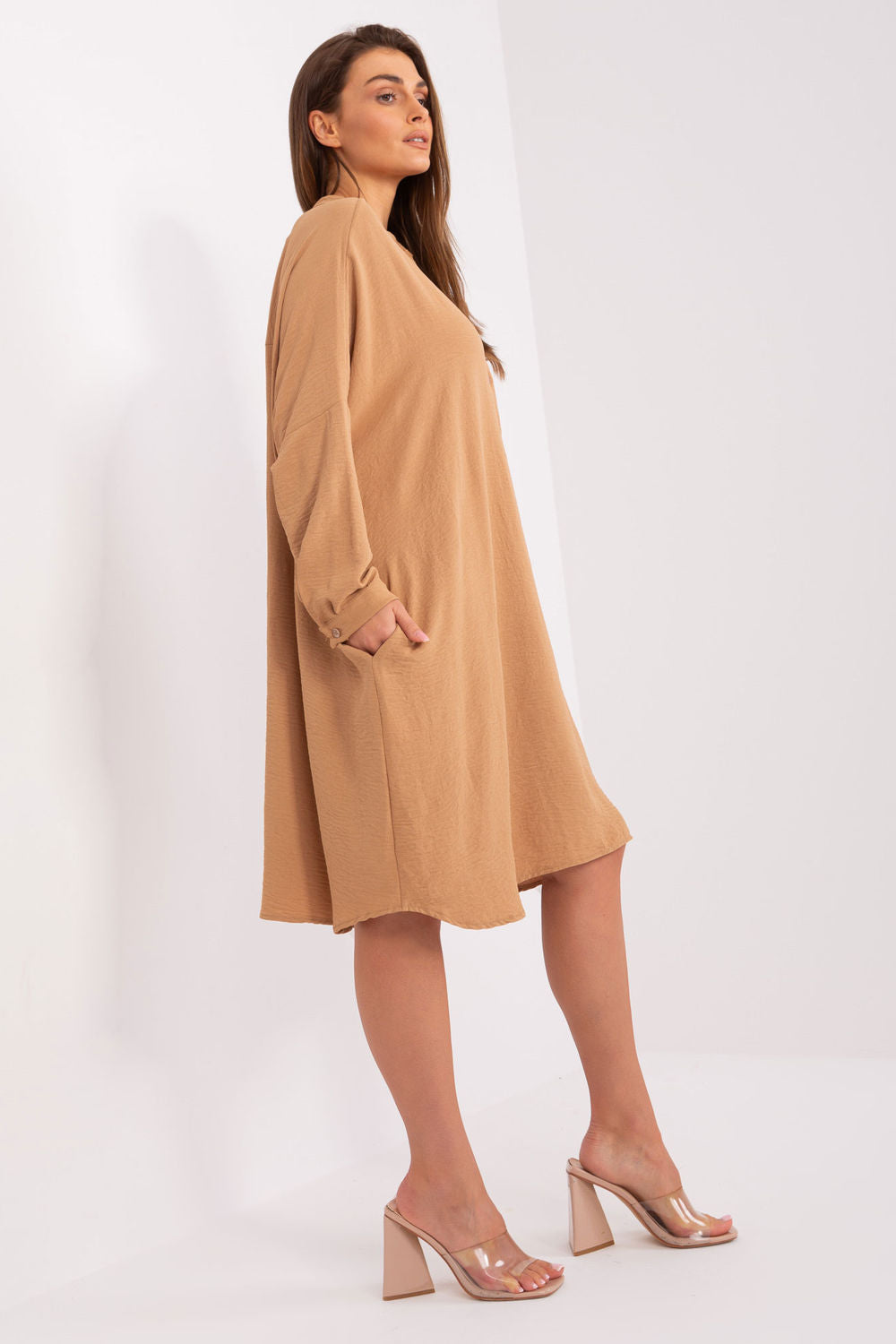 Italy Moda Camel Button Front Long Sleeve Dress - view 2