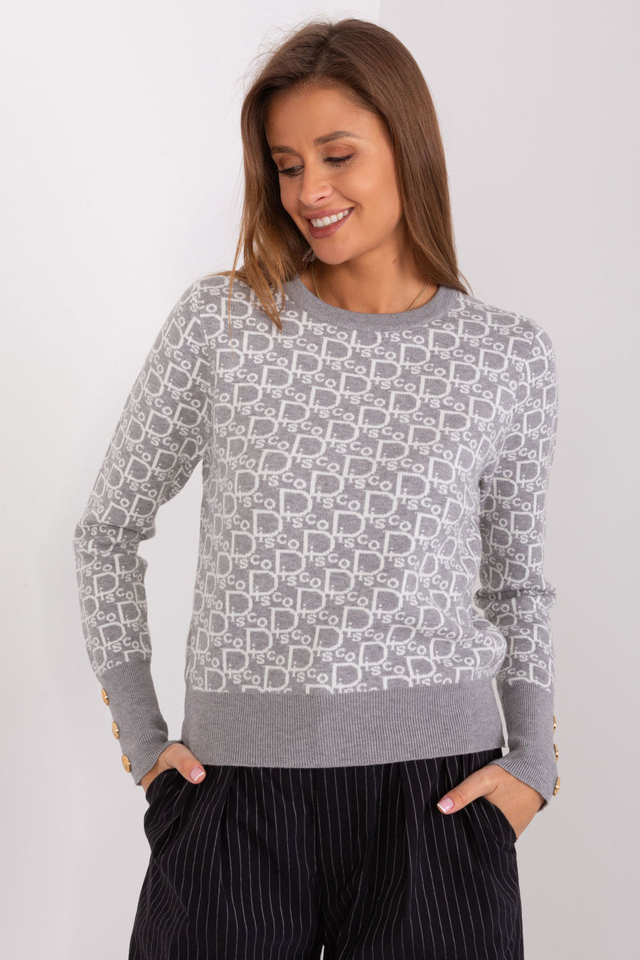 AT Grey Round Neck Long Sleeve Jumper