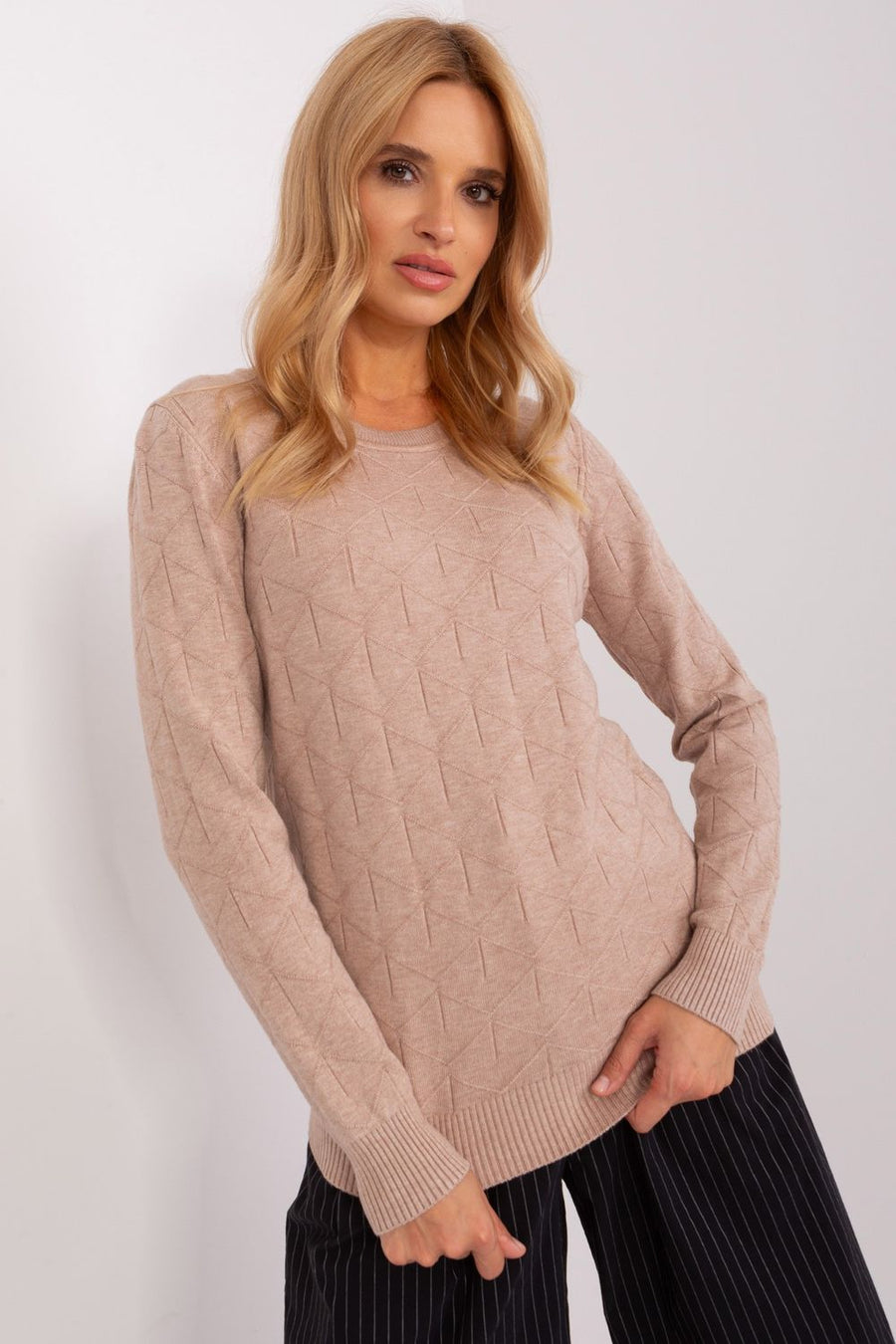 AT Dark Beige Round Neck Long Sleeve Cotton Jumper