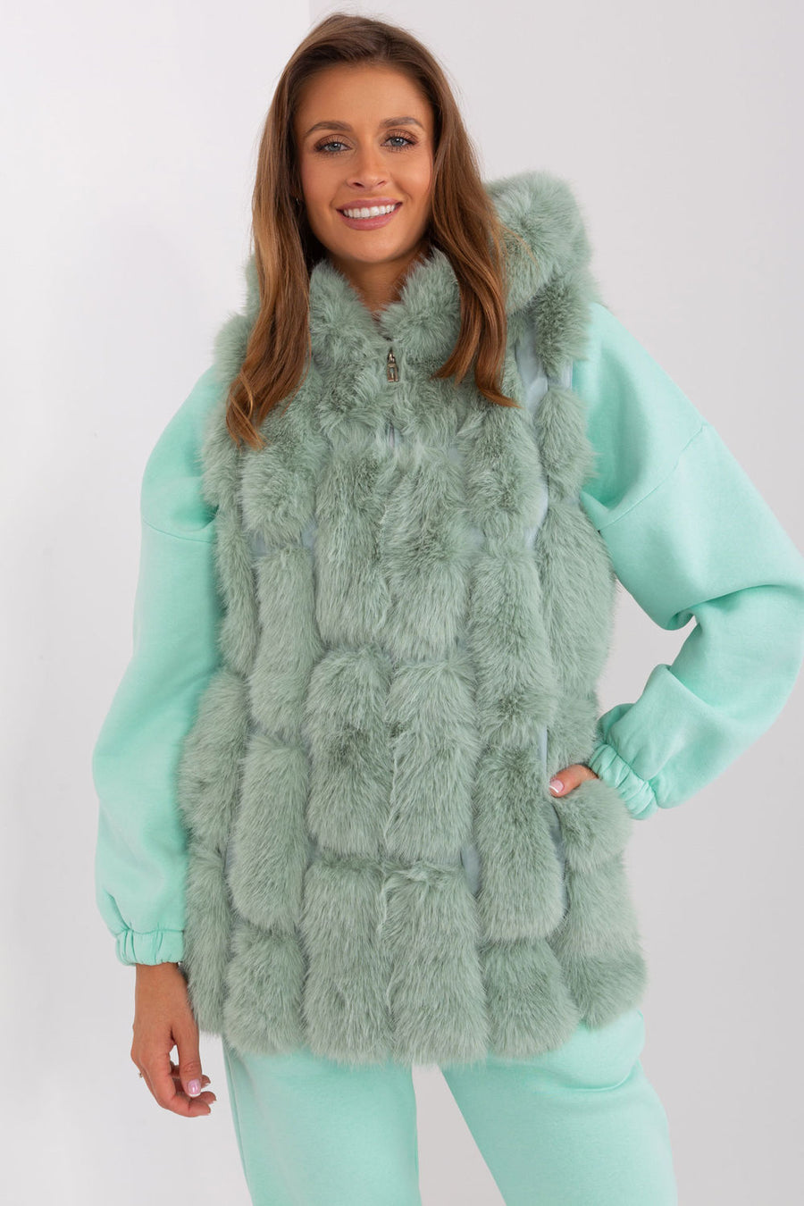 AT Pistachio Polyester Hooded Zip Up Gilet