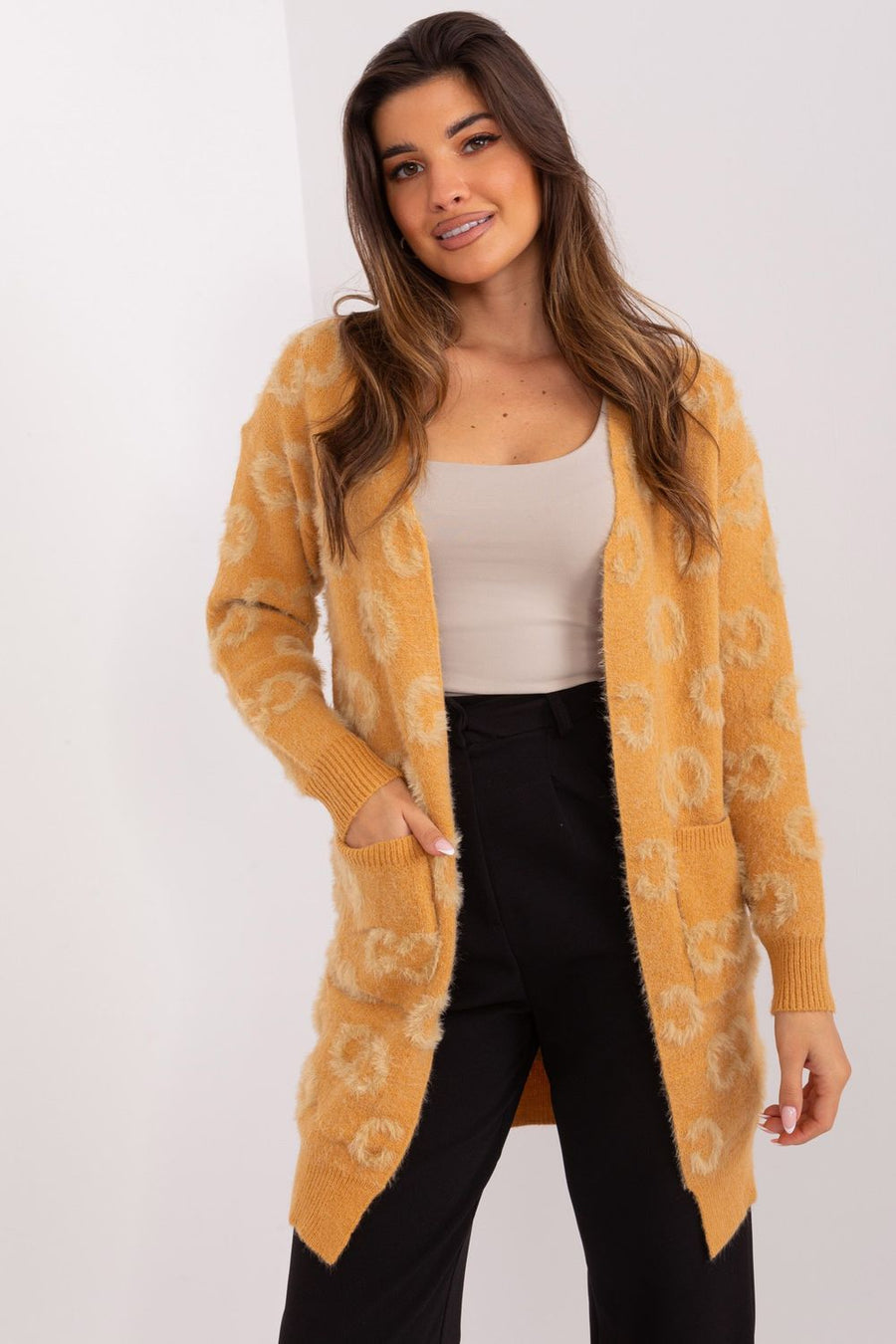 AT Camel Long Sleeve Cardigan with Pockets