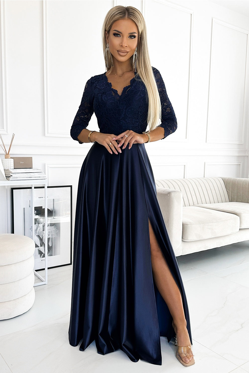 Numoco Amber Navy Satin Lace Maxi Dress