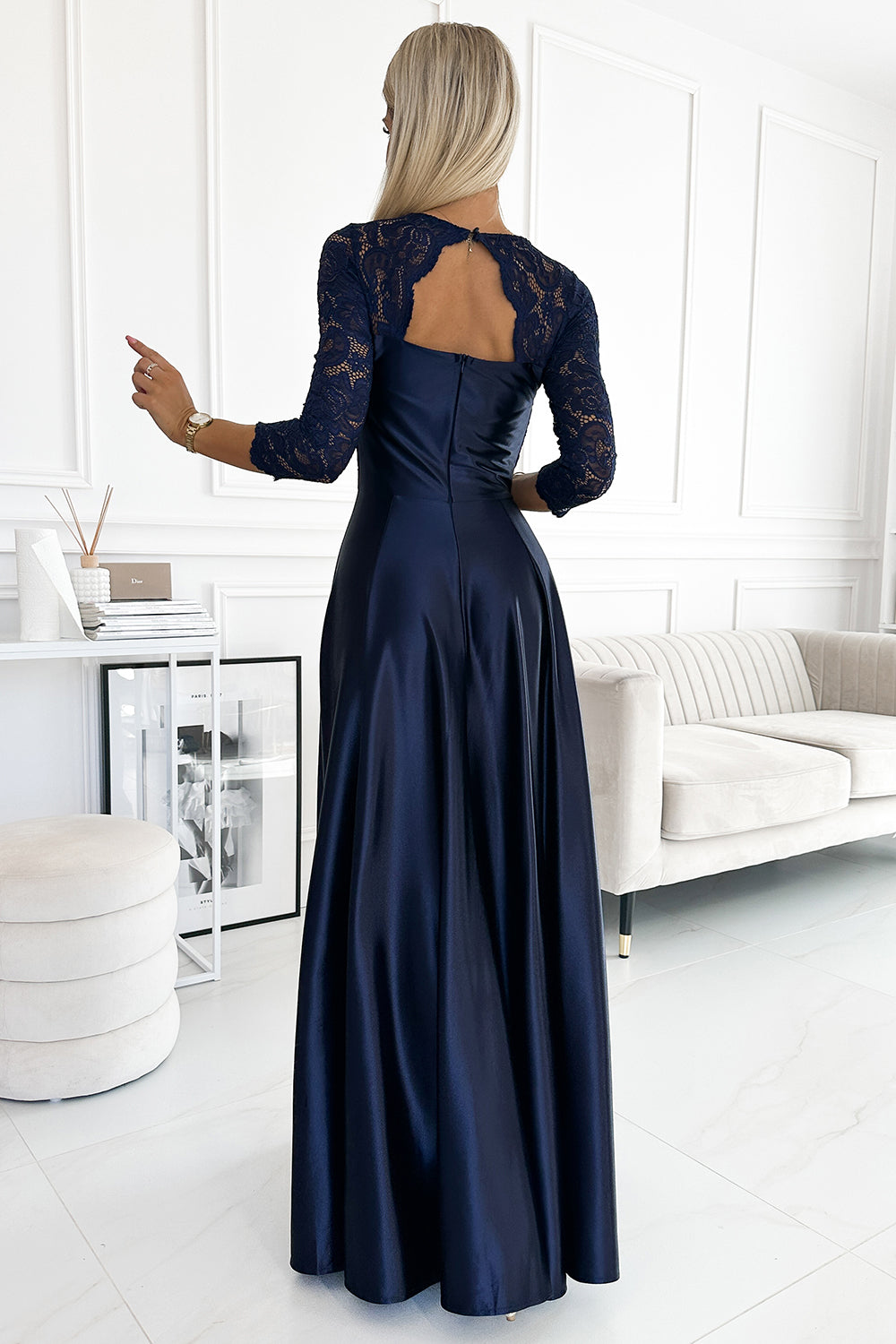 Numoco Amber Navy Satin Lace Maxi Dress - view 2