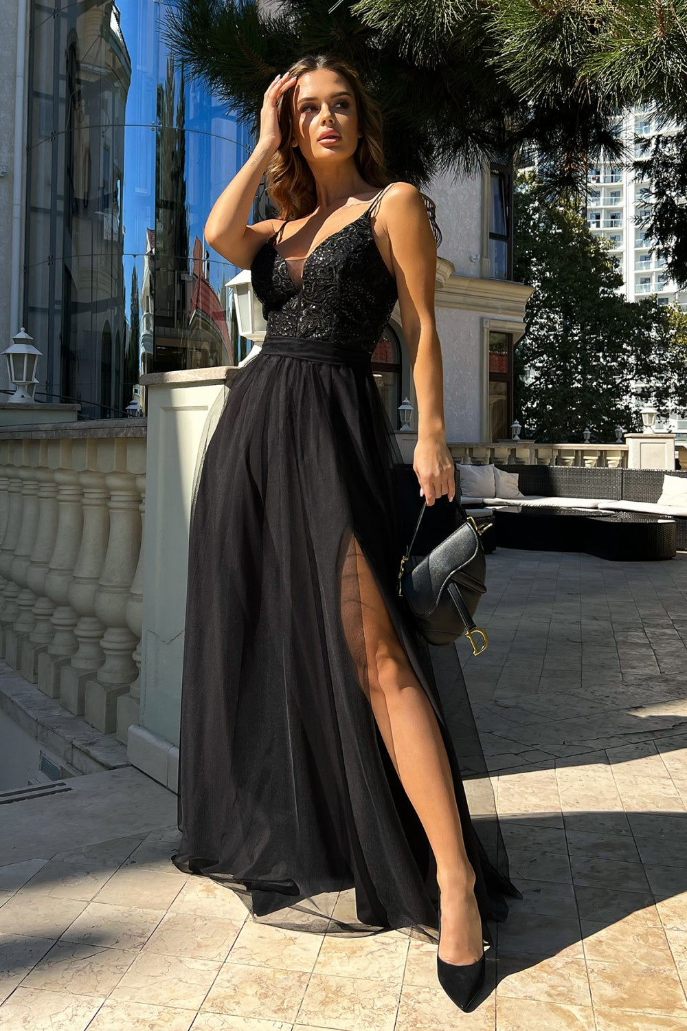 Bicotone Black Lace Flared Maxi Dress
