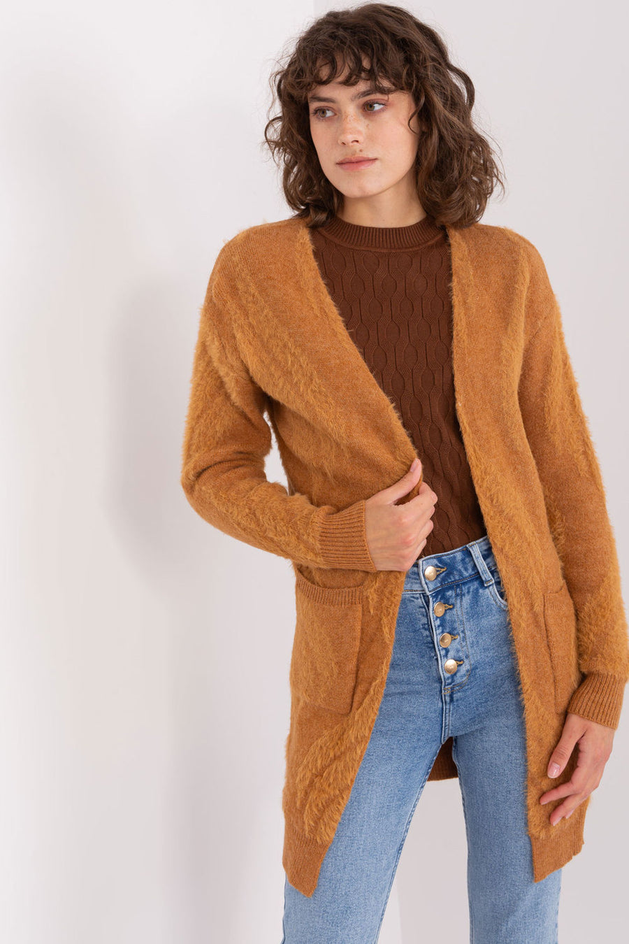 AT Camel Acrylic Long Sleeve Cardigan with Pockets
