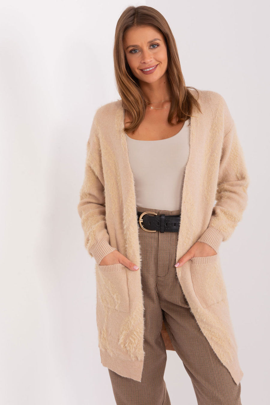 AT Beige Acrylic Long Sleeve Cardigan