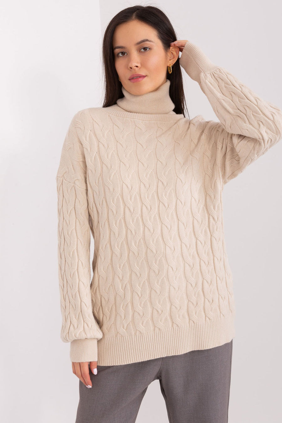 AT Light Beige Viscose Long Sleeve Roll Neck Jumper