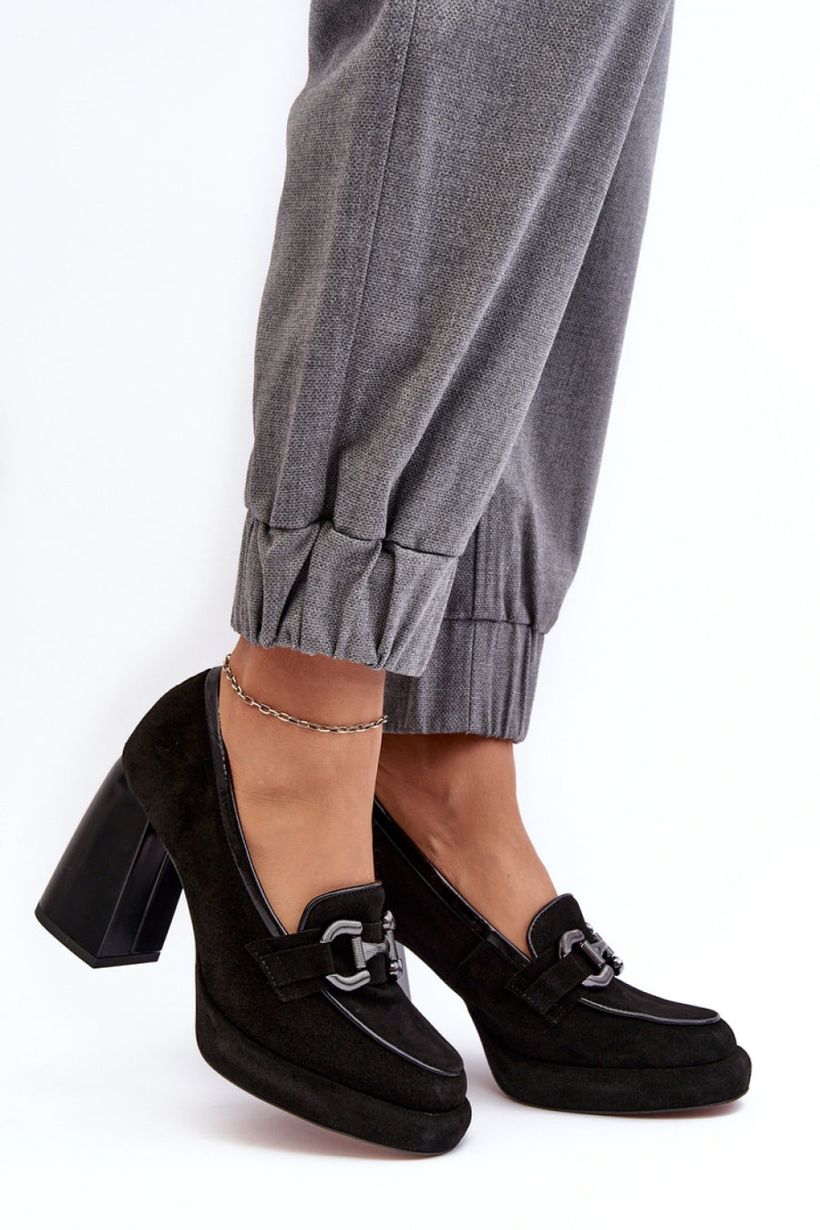 Step In Style Laura Messi Black Leather Block Heel Court Shoes