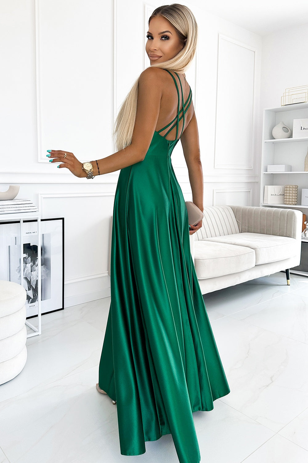 Numoco Luna Bottle Green Maxi Satin Evening Dress - view 2