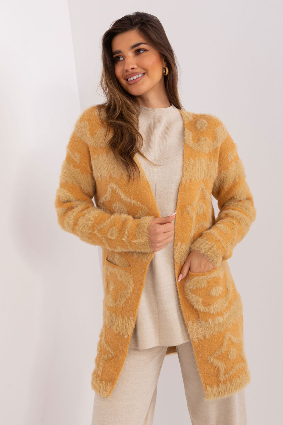 AT Camel Loose Fit Long Sleeve Cardigan