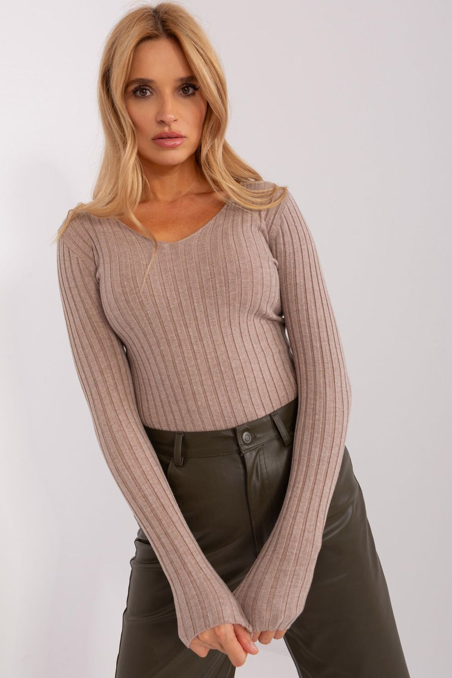 Factory Price Dark Beige V-Neck Long Sleeve Jumper
