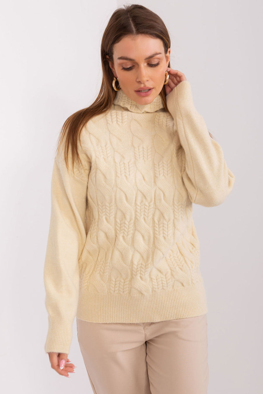AT Light Beige Long Sleeve Roll Neck Jumper