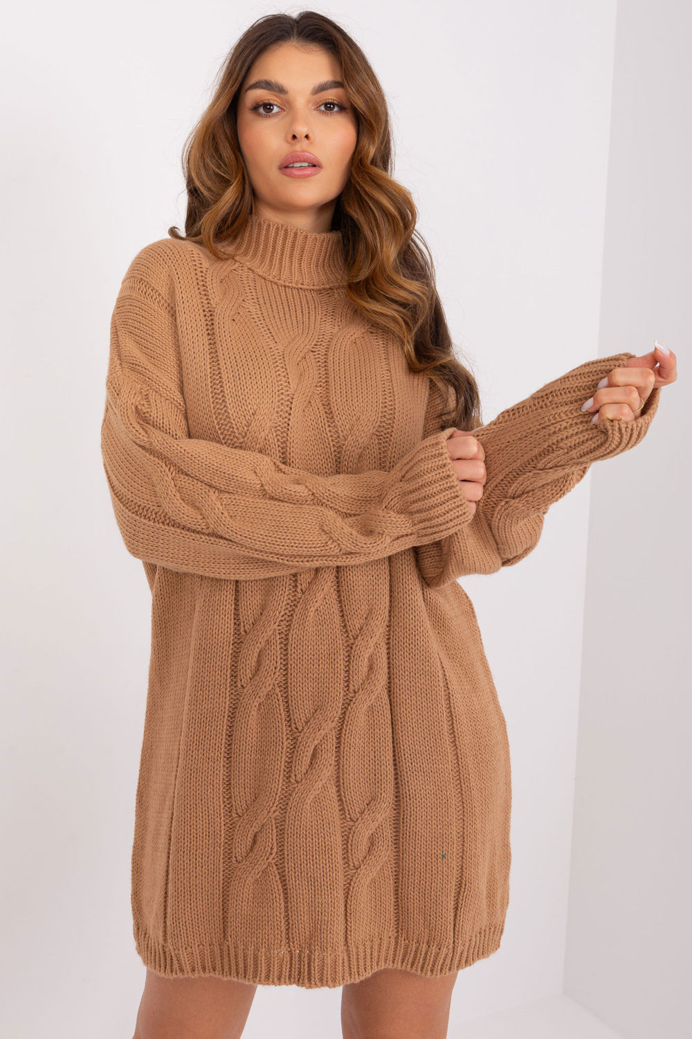 Rue Paris Camel Roll Neck Long Sleeve Dress