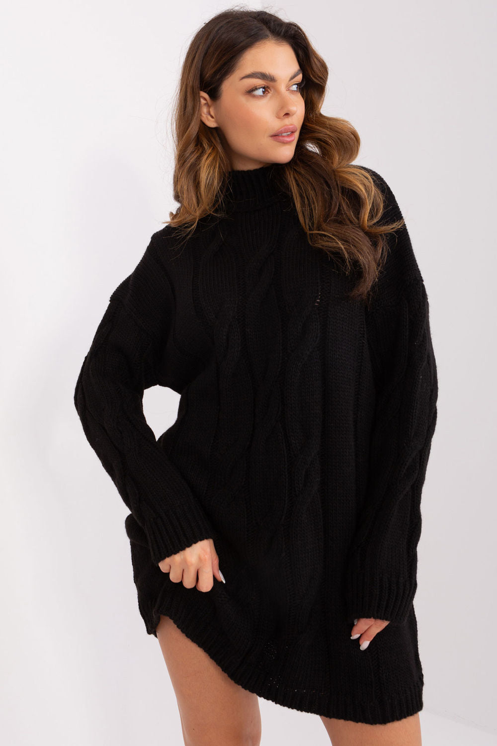 Rue Paris Black Roll Neck Long Sleeve Dress