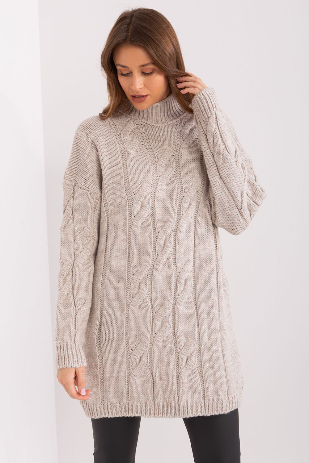 Rue Paris Beige Roll Neck Long Sleeve Dress