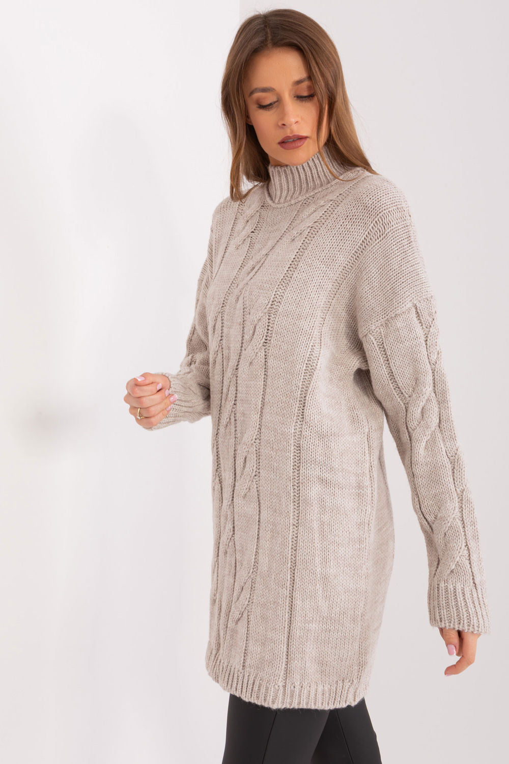 Rue Paris Beige Roll Neck Long Sleeve Dress - view 3