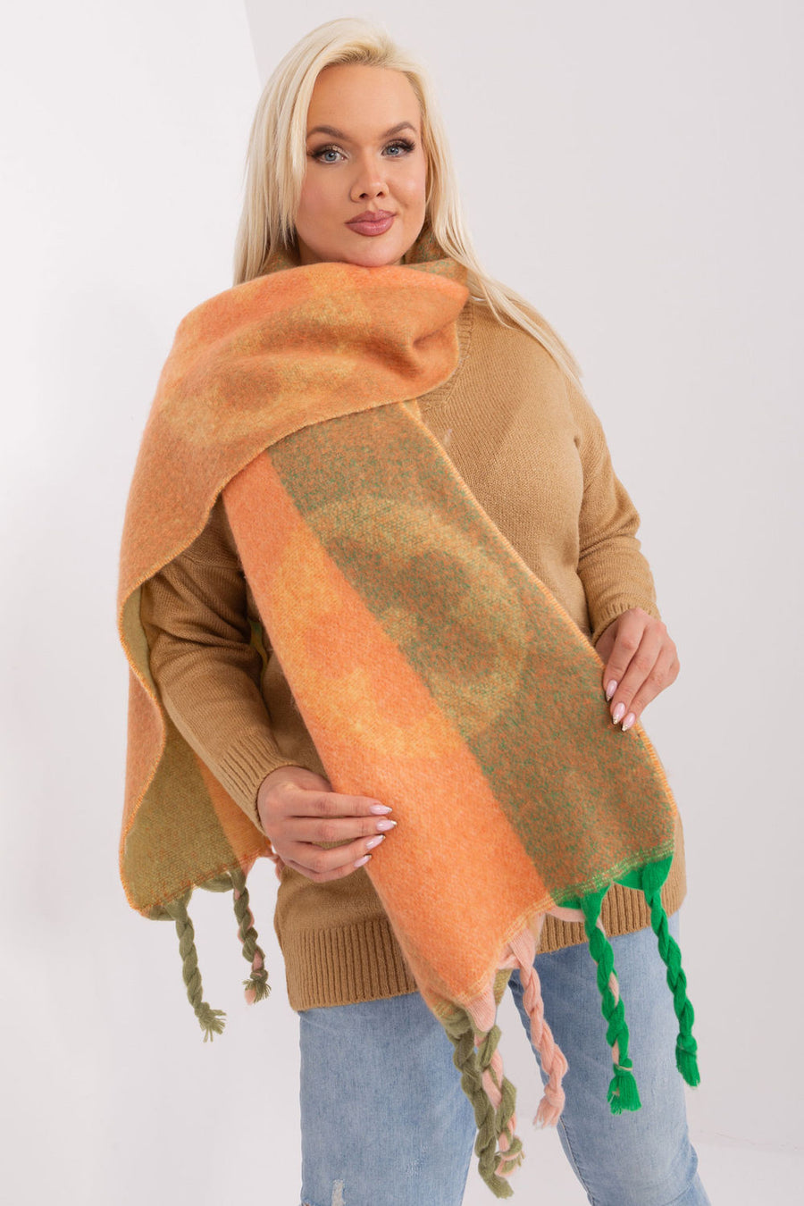 AT Light Orange Loose Fit Striped Shawl