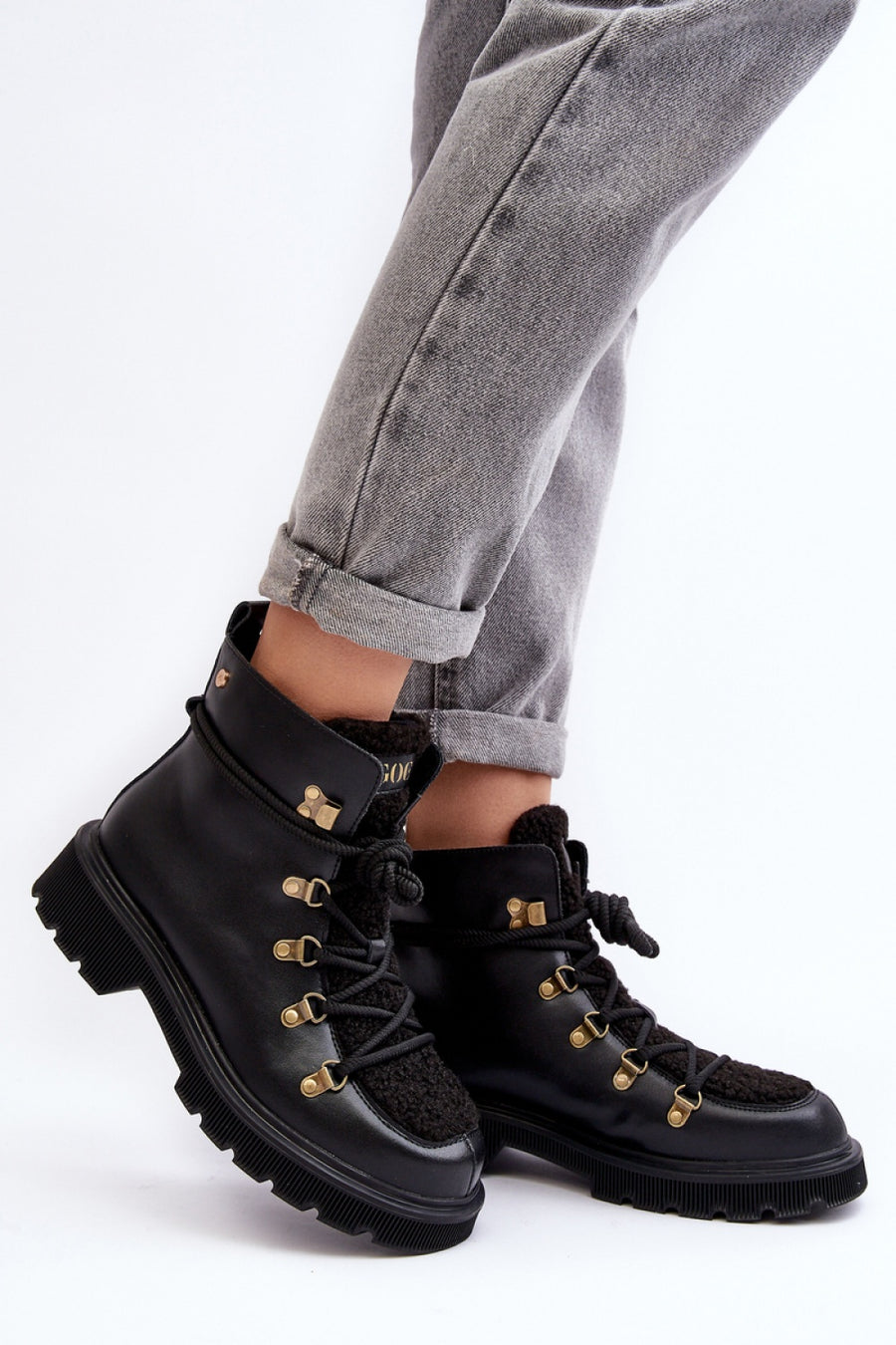 Step In Style Goe Black Leather Flat Hiking Style Boots