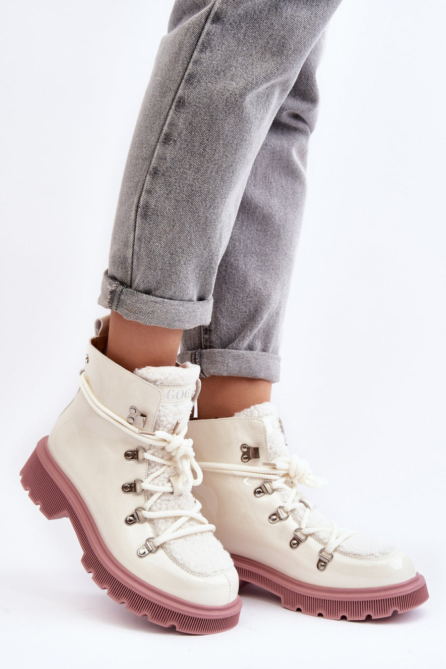 Step In Style Goe White Leather Flat Hiking Style Boots