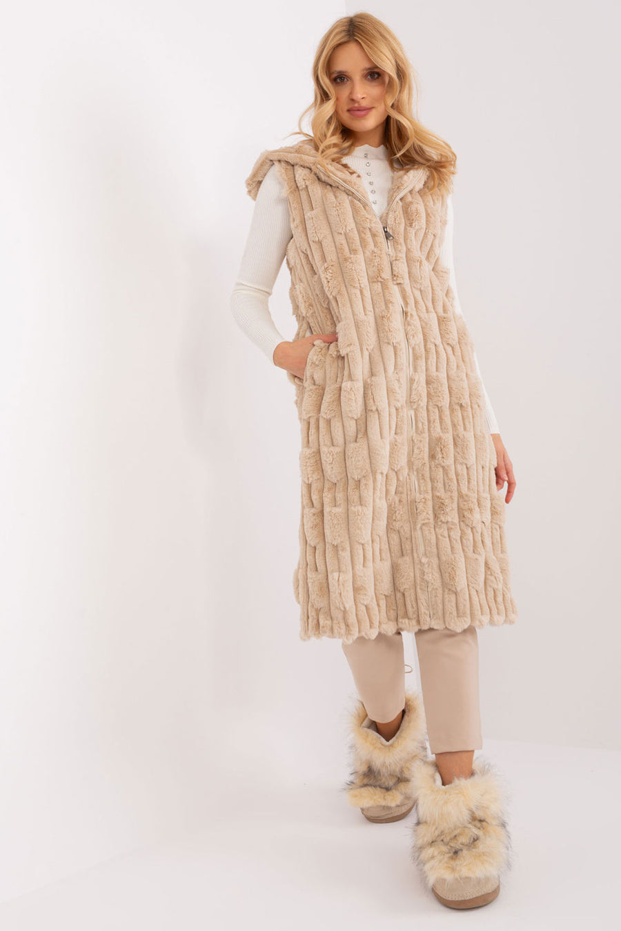 AT Beige Hooded Zip Up Gilet