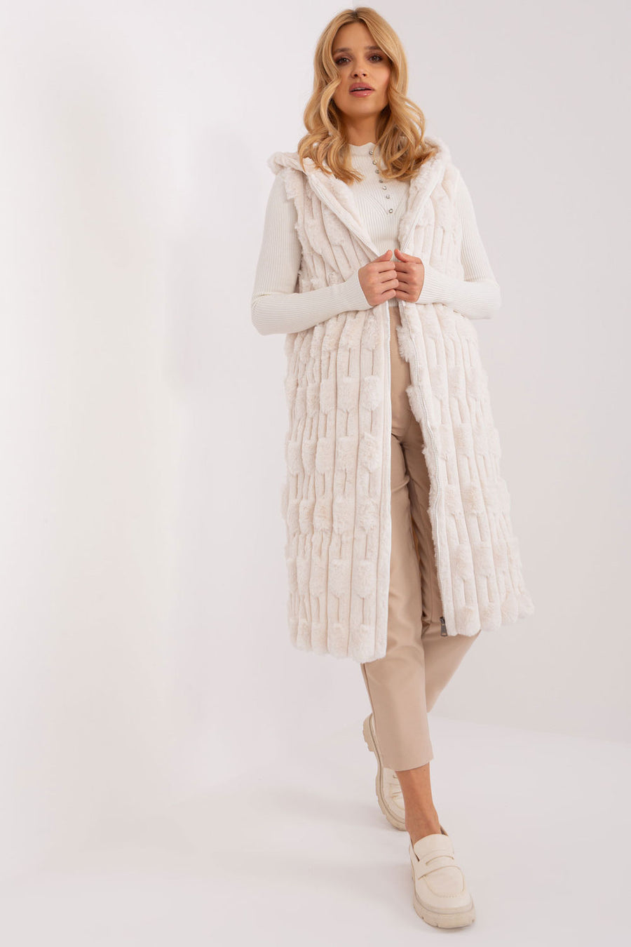 AT Ecru Hooded Zip Up Gilet