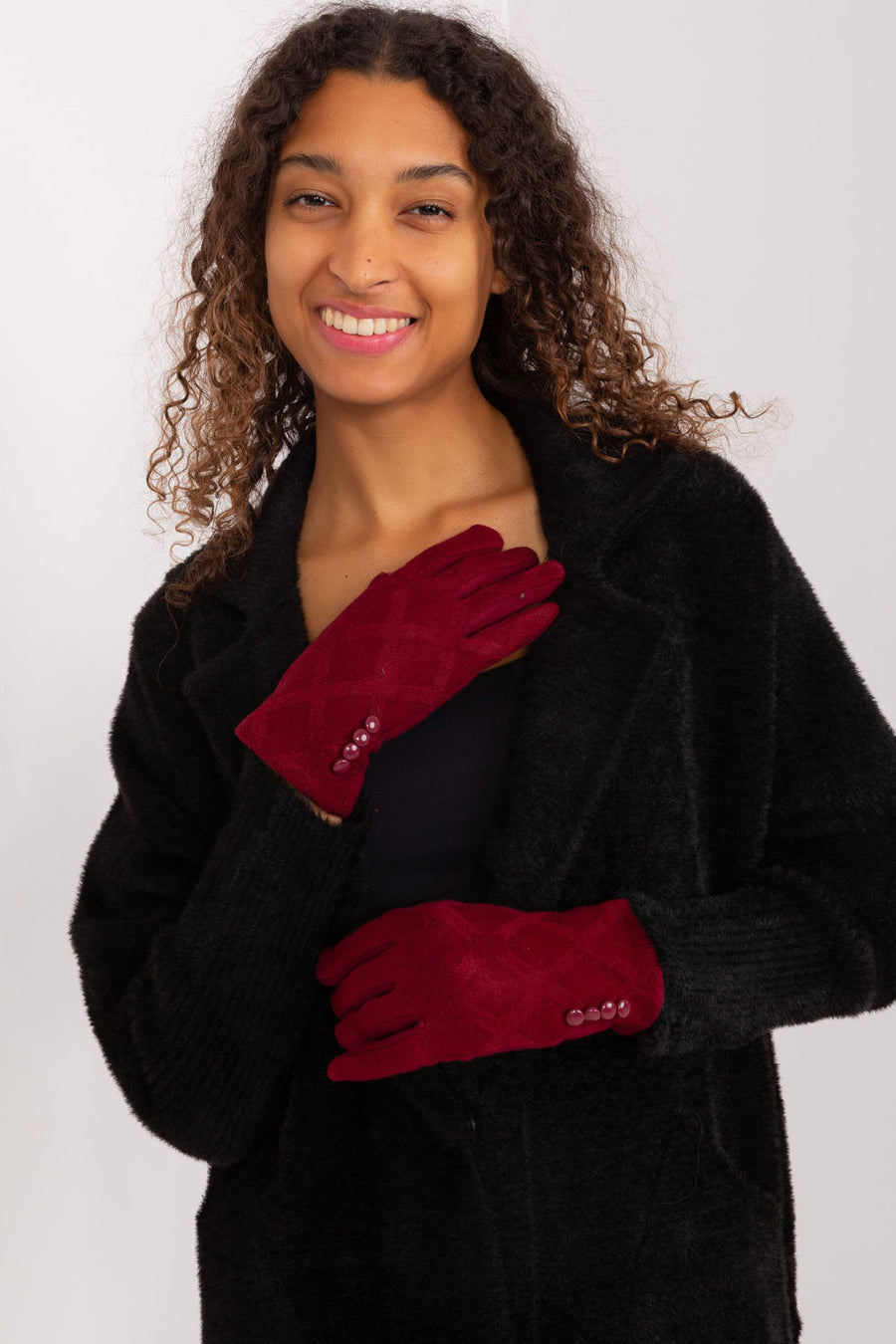 AT Burgundy Gloves with Buttons and Embroidery