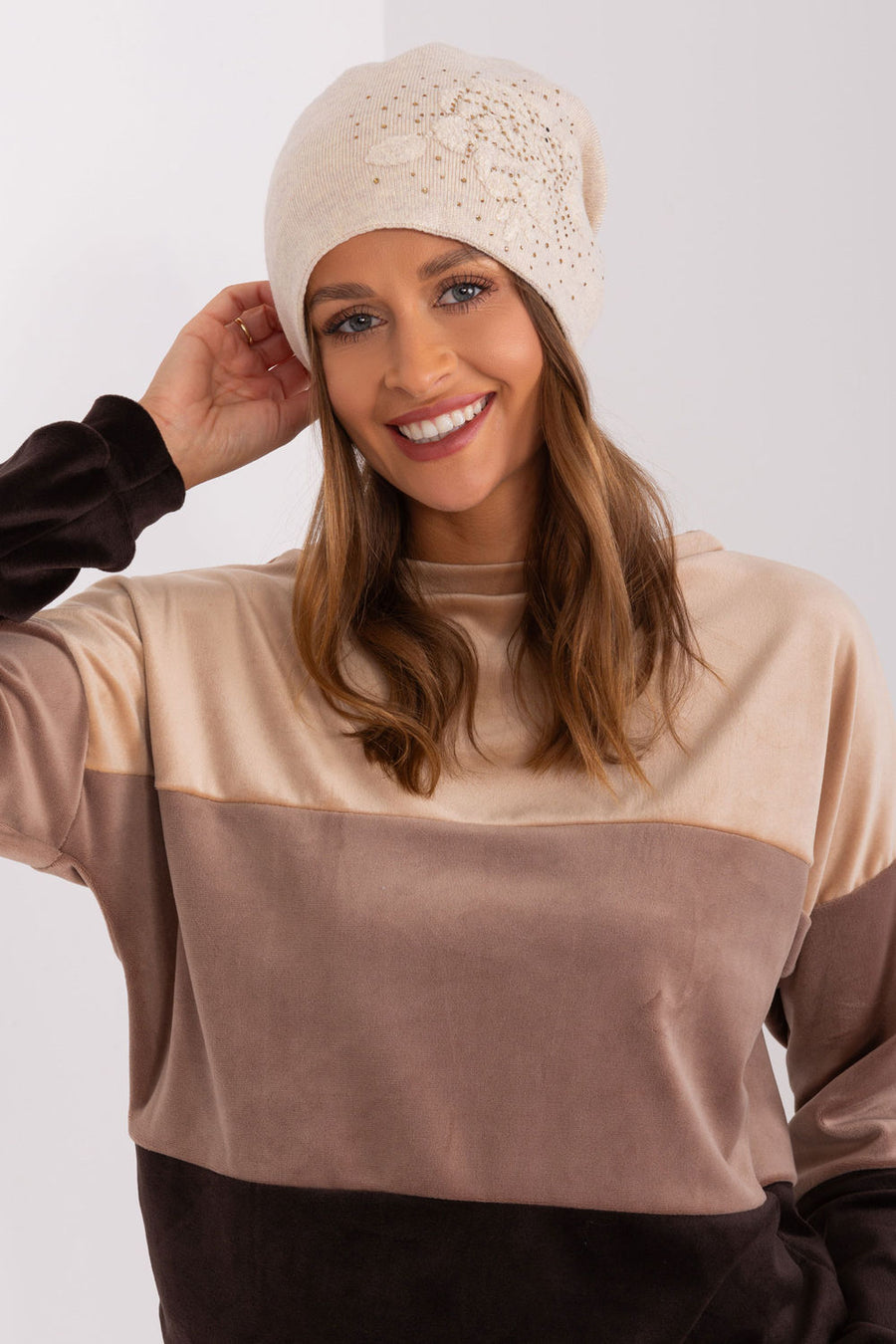 AT Light Beige Acrylic Beanie Hat