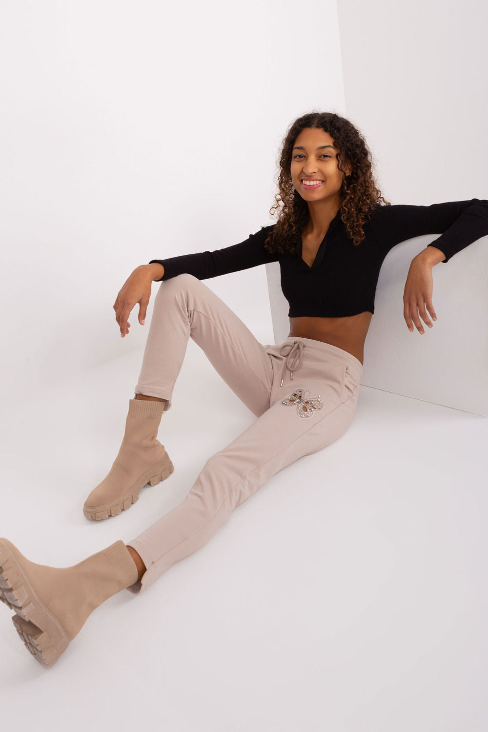 Relevance Light Light Beige High Waisted Cotton Joggers - view 2