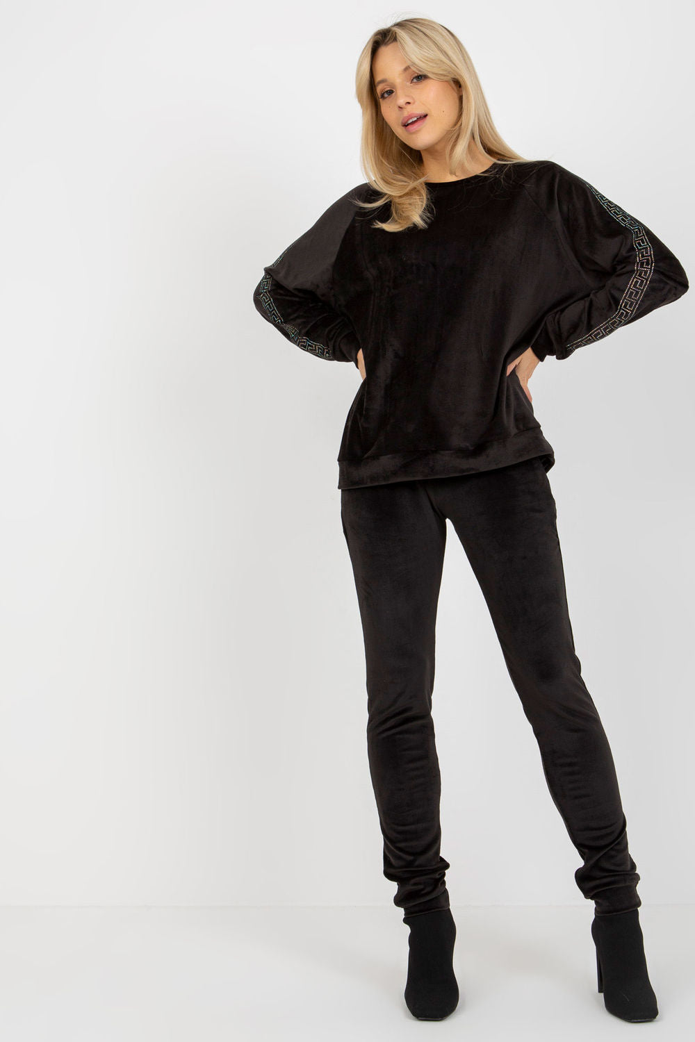Relevance Black Round Neck Velvet Long Sleeve Co-Ord Set