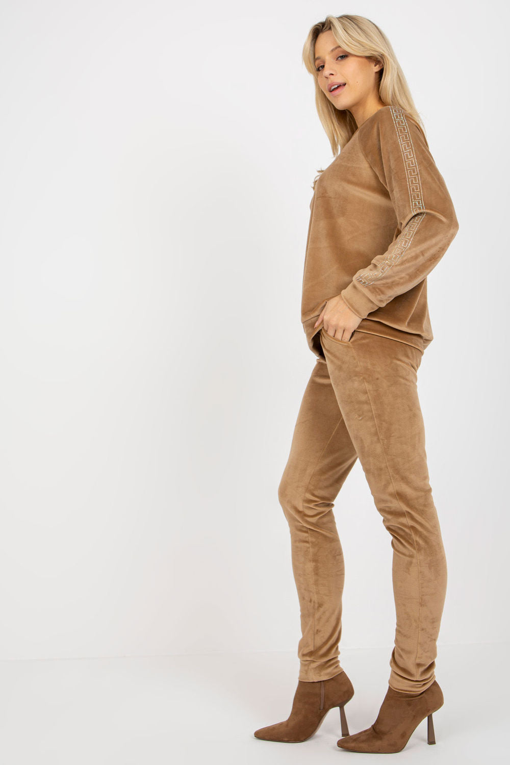 Relevance Camel Round Neck Velvet Long Sleeve Co-Ord Set - view 3