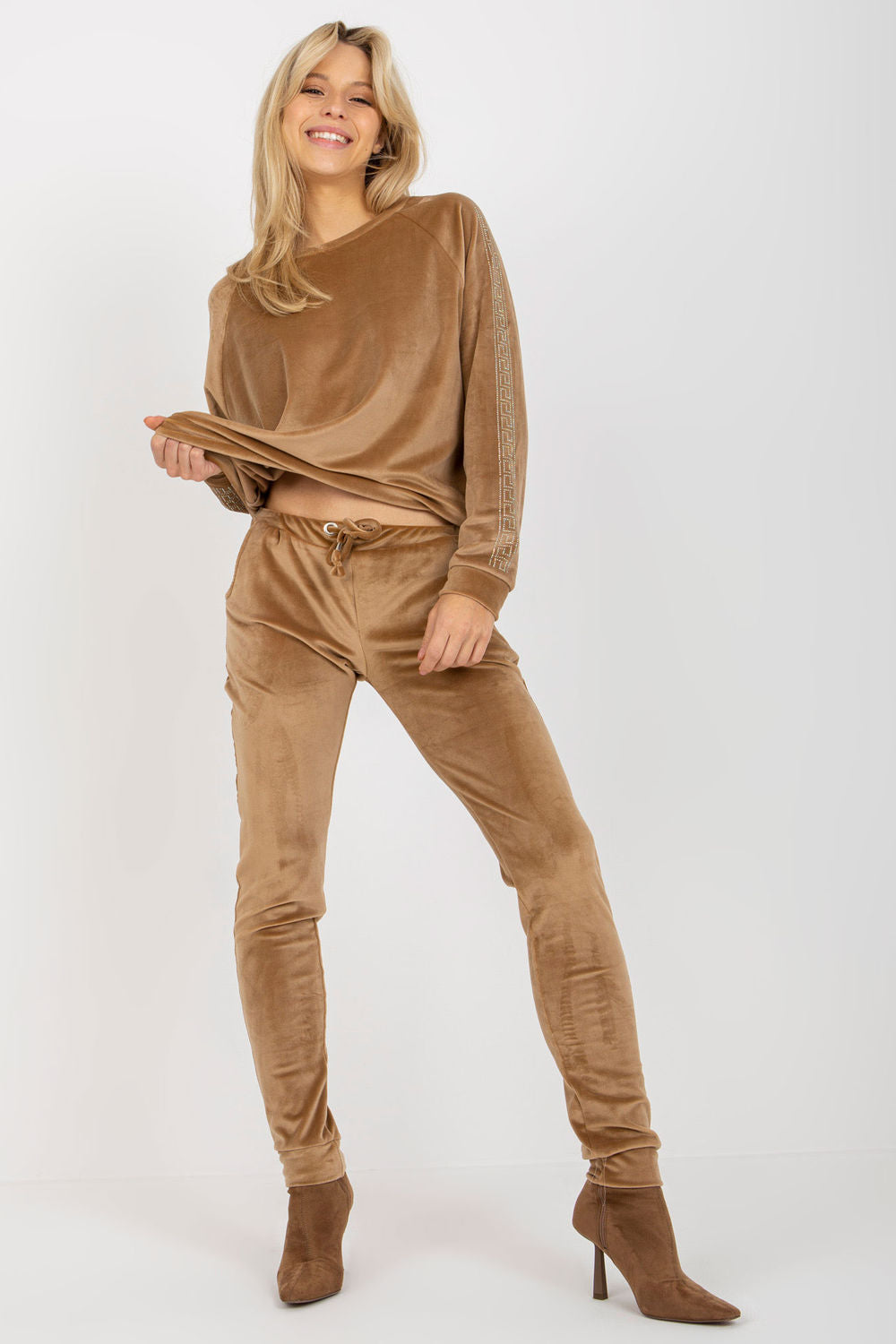 Relevance Camel Round Neck Velvet Long Sleeve Co-Ord Set - view 4