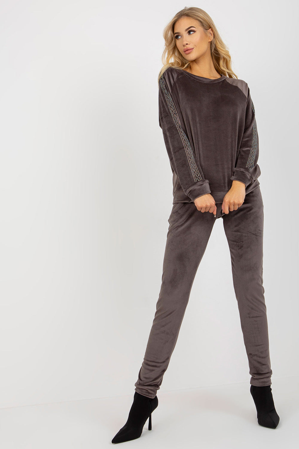 Relevance Dark Grey Round Neck Velvet Long Sleeve Co-Ord Set - view 3
